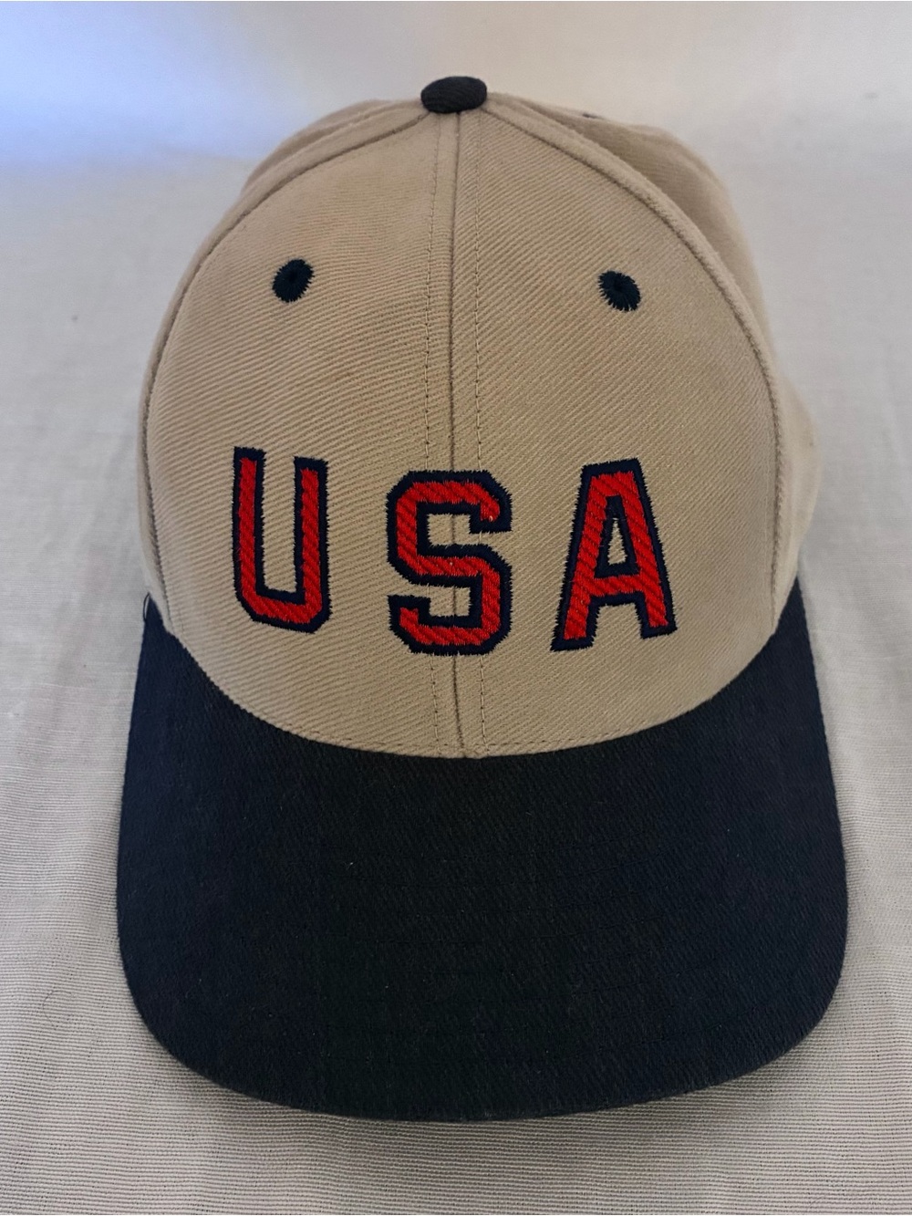 VINTAGE 90s USA Snapback Hat - Tan & Navy